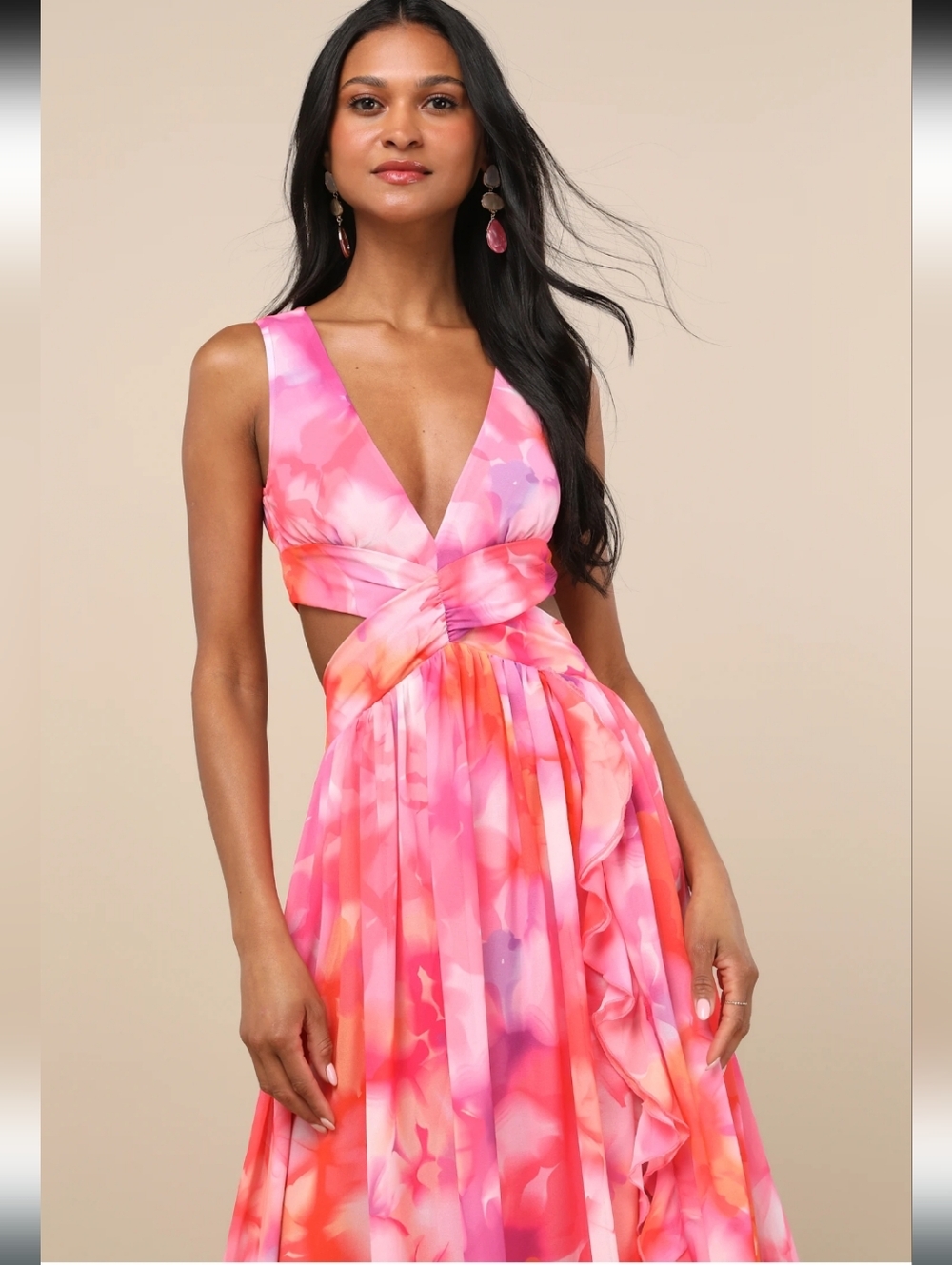 NWT Lulu's Elisanna Pink Multi Floral Lace-Up Midi Dress Size Small - Picture 5 of 16